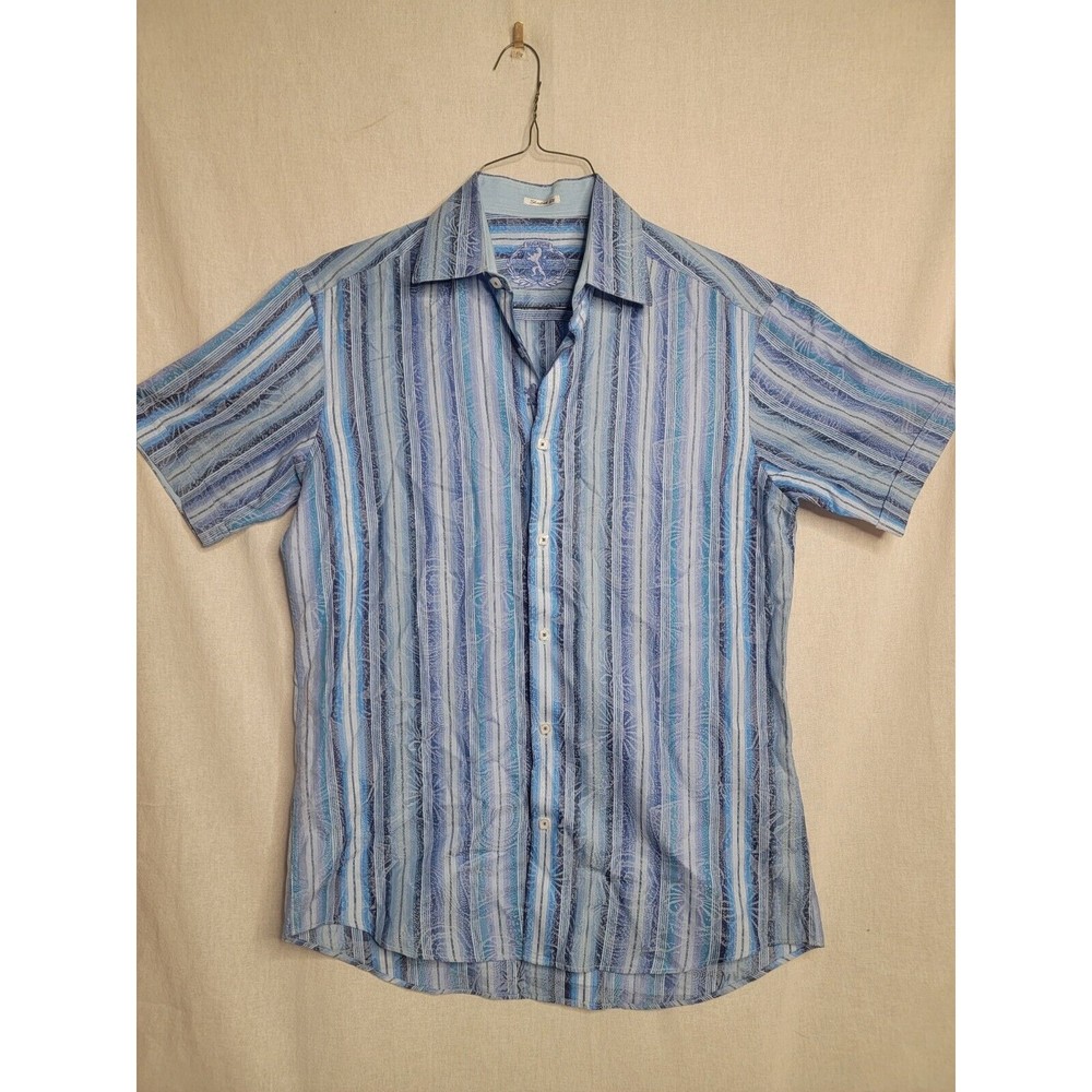 Bugatchi Uomo Men's Blue Floral Striped Dress Shirt Med. Short Sleeve Shaped Fit